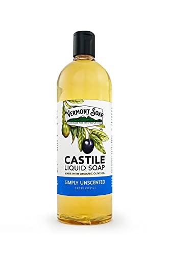 Vermont Castile Unscented Gentle Liquid Soap for Sensitive Skin, Natural Body Wash, Organic Hair Shampoo for Oily Hair, Aloe for Men & Women - 33.8 Oz