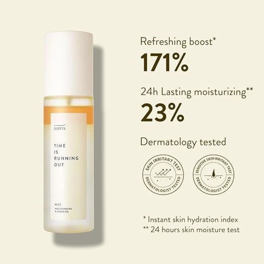 SIORIS Time Is Running Out mist 3.38 Fl oz, Organic and vegan face mist for Sensitive skin, jojoba oil for moisture lock, enriched citrus water rejuvenates, glass veil finish