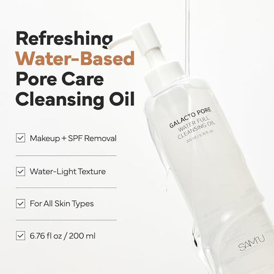 SAM'U Galacto Pore Water Full Cleansing Oil for Face, Korean Facial Cleanser & Makeup Remover with Galactomyces & Rice bran Oil, Non-Comedogenic, All Skin Types, 6.76 fl oz
