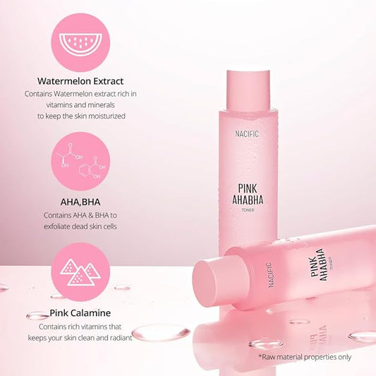 NACIFIC Pink AhaBha Triple Set (Toner 150ml, Serum 50ml, Cream 50ml) AHA, BHA, Watermelon extract Glow Moristurizing Hyaluronic Acid