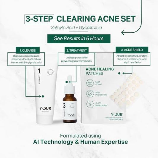 Y’OUR Essential 3-Step Acne Kit: Purifying Cleanser, Anti-Acne Serum & Healing Patches; Pimple Clearing, Pore Minimizing Skincare Routine. Made in USA. Suitable for All Skin Types