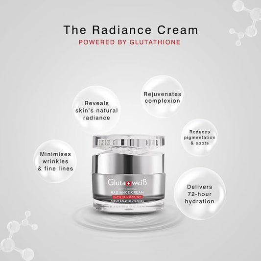 Glutaweis Glutathione & Hyaluronic Acid Cream – 72H Deep Hydration Moisturizer for Dark Spots, Pigmentation & Skin Firmness – Rumex, Vitamins B, C & E - Suitable for Sensitive Skin, 50ml