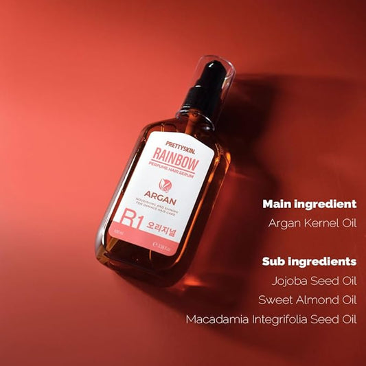 PRETTYSKIN Rainbow Perfume Vegan Hair Serum with Argan Oil, Sweet Almond Oil, Jojoba Oil, Macadamia Oil – Hydrating, Frizz Control, Lightweight Nourishing Treatment – 100ml (R1 Original)