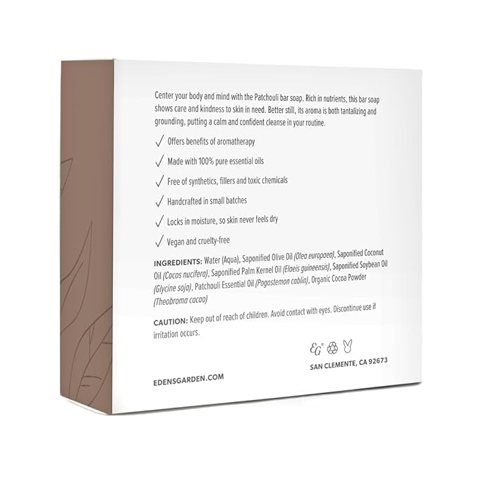 Edens Garden Natural Patchouli Aromatherapy Cold Processed Bar Soap (Made With Essential Oils, Vegan, For Face & Body), 4.4 oz Bar