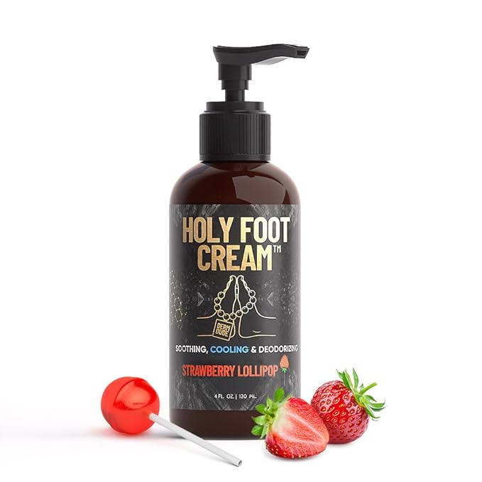 Derm Dude Holy Foot Cream for Dry Cracked Heels and Feet | Moisturizing Lotion Formulated w/All-Natural DeoPlex for Odor Control & Arrowroot for Deep Hydration - Strawberry Lollipop Scent 4oz (1pack)