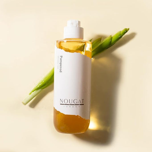 NOUGAT Pampered Shower Oil, Makeup & Sunscreen Removal, Free-from Formular, Oil-to-Milky Lather, Cleanse without Drying with Luxury Botanical Oils, Delicate Perfume,Smooth Skin,Vitamin E