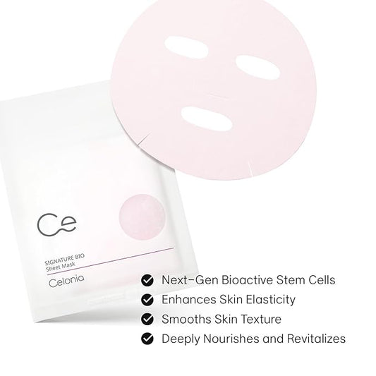 CELONIA Signature Bio Facial Sheet Mask, Stem Cell Deep Hydrating Face Mask, Anti Aging Treatment For Healthy Glowing Skin, Minimize Pores, Reduce Fine Line, Boost elasticity, Correct Redness 5PC