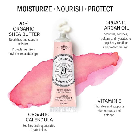 La Chatelaine 20% Shea Butter Hand Cream Travel Size, New Scent, Organic Argan Oil, Moisturizing, Nourishing, Repairing, Extra-Rich Hand Lotion, Made in France, Paraben Free, 1 oz / 30ml (Oud Rose)