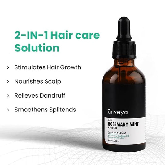 Anveya Rosemary Mint Hair Oil | Hair Oils for Hair Growth & Dandruff Control | Rosemary Oil for Hair Growth & Hair Care | Smoothens Dry Scalp, Reduces Hair Fall & Split Ends | for Men & Women | 50ml