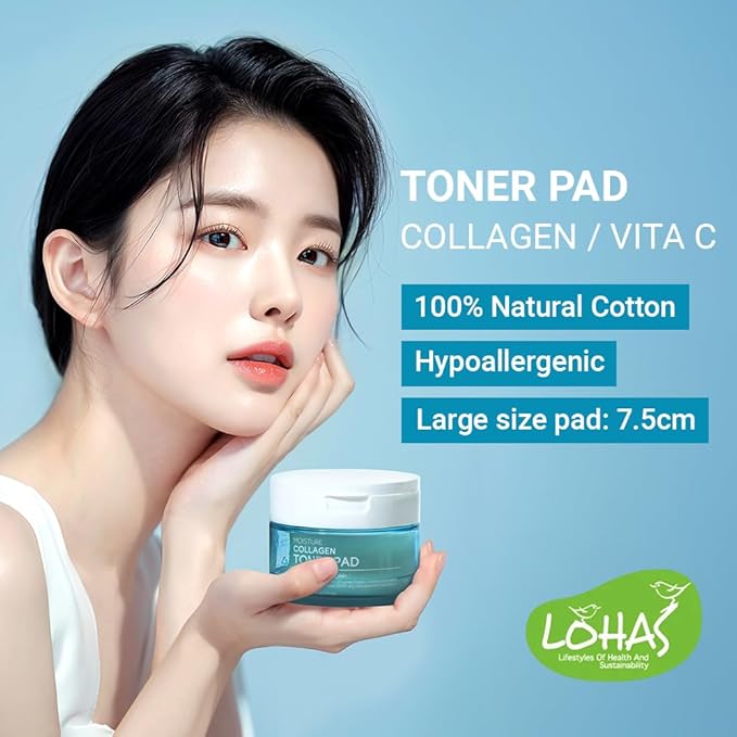 TENZERO Moisture Collagen Toner Pad (70 Count, 160g), 100% Natural Cotton, Hydrating Moisturizing Glowing Face Toner Pads, Gentle Exfoliate & Improve Elasticity, Korean Facial Toner, Dry & Dull Skin