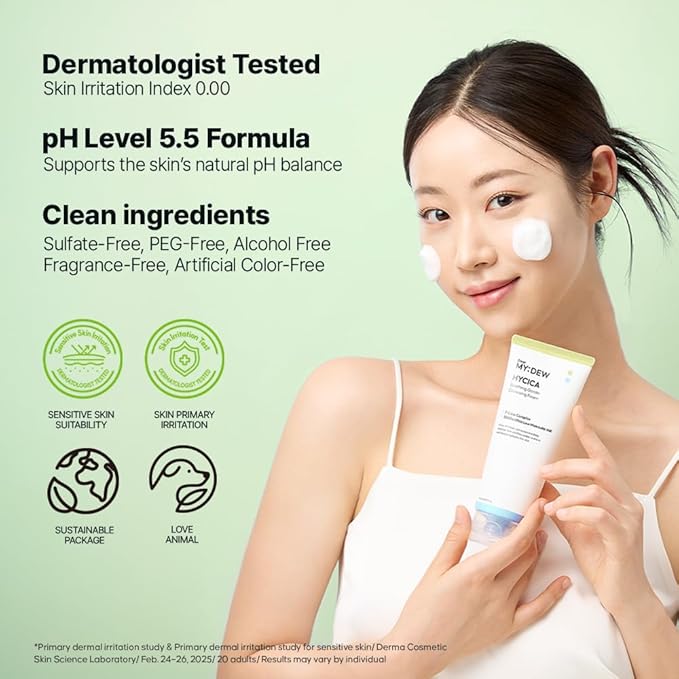 HYCICA Soothing Gentle Cleansing Foam | Low pH 5.5 Cleanser for Sensitive Skin, Calming Hydrating Cica Face Wash & Barrier Care, Centella, Ultra-Low Molecular HA, Korean Skincare, 5.07 fl oz