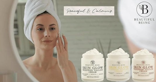 SKIN GLOW -Grass-Fed Beef Whipped Tallow Moisturizer Cream for Face & Body, Calming Night Cream for Dry Sensitive Skin, Non-Toxic Ancestral Skincare (LAVENDER, 4oz)