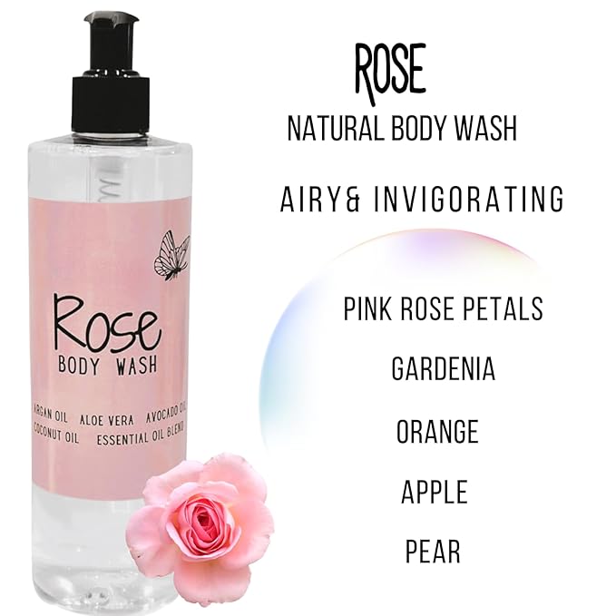 ROSE Natural Body Wash for Women Sulfate Free, Dye Free, with Naturally Derived Ingredients, Hydrating, Gentle Cleaning for Dry and Sensitive Skin 16oz