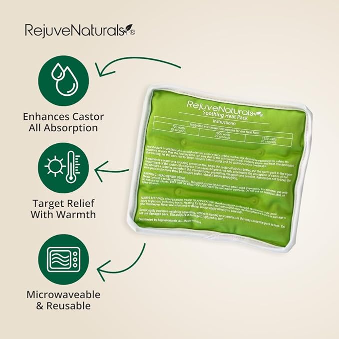 Castor Oil Pack - 8 Piece Complete Kit. Includes 16oz Glass Bottle of Organic Castor Oil, Easy to use Organic Cotton Compress with Adjustable Fit, 5 Soft Cotton Pads & Soothing Heat Pack..