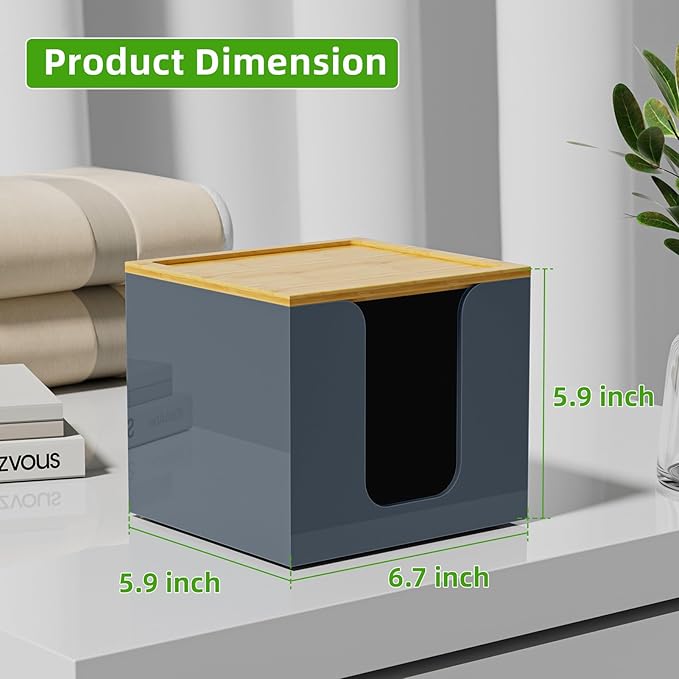 VITVITI Disposable Face Towel Holder Box, Acrylic Facial Towel Container for XL Clean Skin Club, Large Disposable Face Towels Storage with Bamboo Lid, for Bathroom, Vanity Makeup, Gray