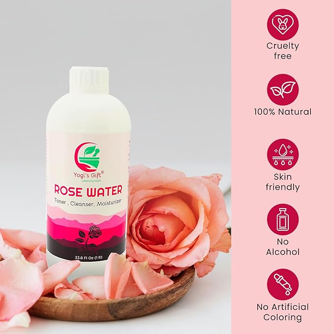100% Pure Rose Water 33.8 fl oz | for Face & Hair | Alcohol Free & Artificial Coloring Free | by Yogi's Giftยฎ (33.8 fl oz)