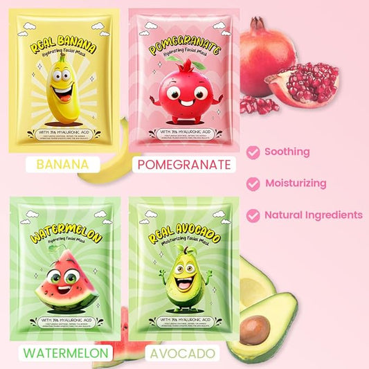 Kaely 12 Pack Fruit Face Masks for Kids, Kids Face Mask Spa Day Kit Supplies, Spa Party Favors for Teens Girls Women, Sheet Facial Mask Skincare Gifts Set, Moisturize Soothe for All Skin Types, 02