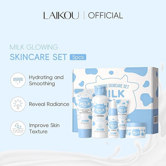 LAIKOU Skin Care Set, Skin Care Routine Kit for Women, Skincare Gift Set, Travel Size Toiletries with Milk Cleanser, Toner, Serum, Eye Cream, Face Cream Mother's Day Christmas Birthday Daughter Wife