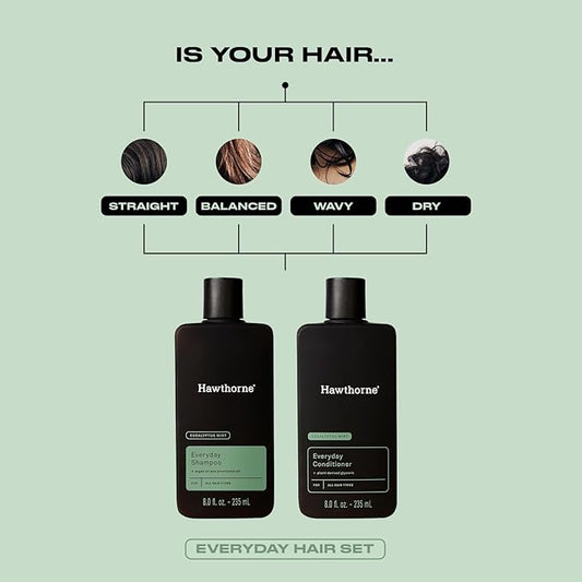 Hawthorne Men's Everyday Shampoo and Conditioner Set. Sulfate Free Shampoo and Conditioner with Pure Avocado Oil and Coconut Oil For Stronger, Healthier Hair. Mint and Eucalyptus Scent. 8 fl. oz each.
