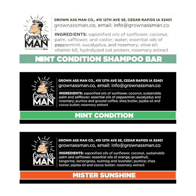 Grown Ass Man Co. Combo Packs - Solid Soap & Shampoo Bars Rich Lather with Natural Oils & Gentle Scrub for Men - Plastic Free & Eco-Friendly, Natural & Organic Deep Clean (Wake Up 3-Pack)