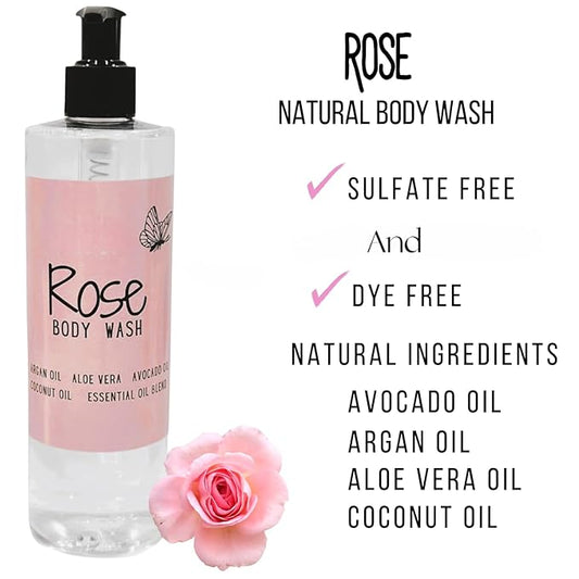 ROSE Natural Body Wash for Women Sulfate Free, Dye Free, with Naturally Derived Ingredients, Hydrating, Gentle Cleaning for Dry and Sensitive Skin 16oz