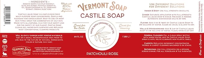 Vermont Castile Soap Patchouli Rose, Gentle Liquid Soap for Sensitive Skin & Natural Body Wash, Organic Hair Shampoo for Oily Hair, Aloe Castile Soap for Men & Women - 64 Oz
