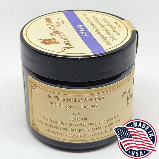 Vintage Tradition Beef Tallow All Purpose Balm - Healing, Hydrating Men’s Skin Care Salve Replaces Body Lotion, Hand Cream, More - Essential Oil, Olive Oil, and Grass-Fed Tallow, 2 fl. oz.