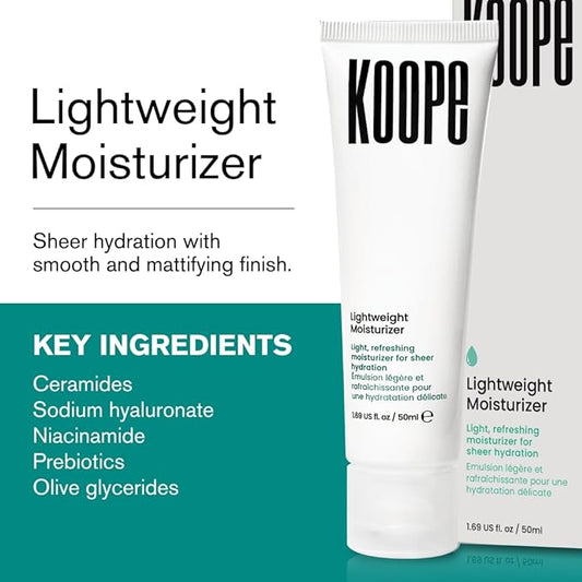 Koope Lightweight Face Cream, Moisturizer For Oily & Acne-Pron Skin, Sheer Hydration with Ceramides, Niacinamide & Hyaluronic Acid, Free of Parabens, Sulphates & Fragrances, Vegan, 1.69 FL OZ