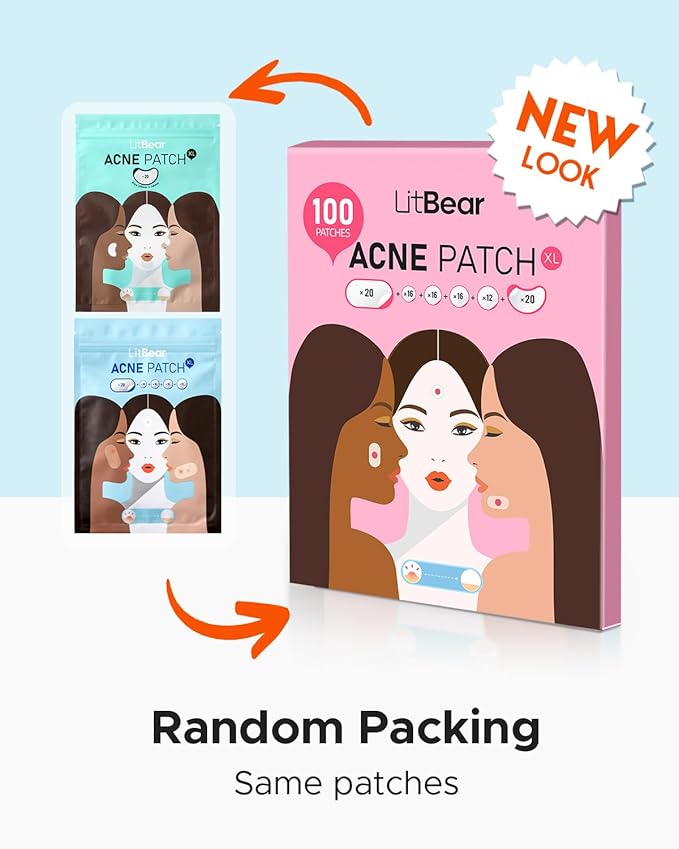 LitBear Large Acne Pimple Patches, 6 Sizes 100 Patches for Large Breakouts, Acne Patches for Face, Chin or Body, Acne Spot Treatment with Tea Tree & Calendula Oil, Hydrocolloid Bandages for Acne Skin