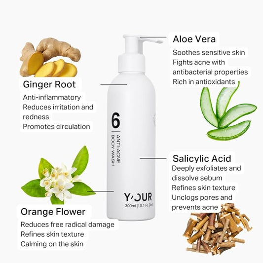 Y’OUR Anti-Acne Body Wash for Body, Back, and Chest Acne | Exfoliating & Hydrating Foaming Cleanser with Salicylic Acid, Aloe Vera, and Ginger Root – Paraben & Sulfate Free