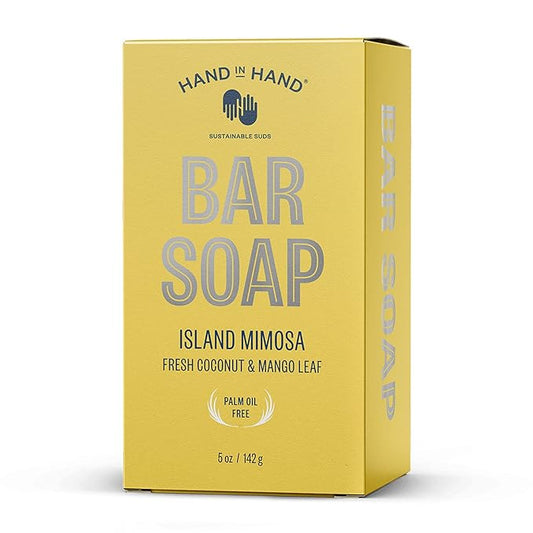 Hand in Hand Bar Soap, Nourishing Cleanser For All Skin Types, Organic Shea and Cocoa Butters, 5 Ounce, Fresh Coconut & Mango Leaf, Island Mimosa Scent, 4 Pack