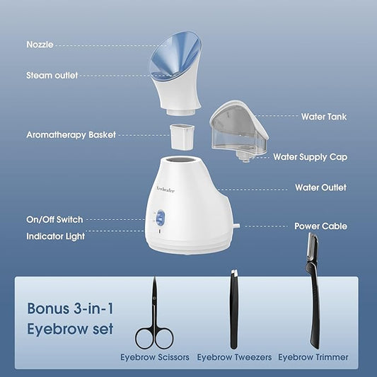 Newbealer 2in1 Facial Steamer, Hot Mist Facial Aromatherapy Humidifier Atomizer, Large Face Steamer Unclogs Pores Sinuses Moisturizing, Home Sauna Spa with Eyebrow Set (Blue, 170ml)