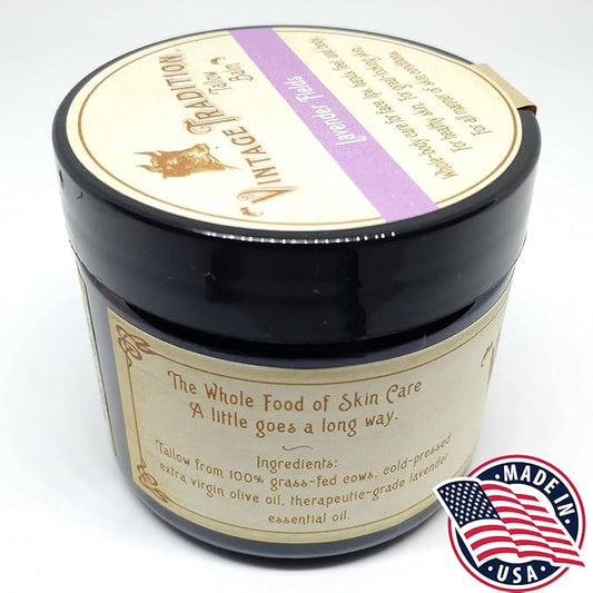 Vintage Tradition Beef Tallow All Purpose Balm - Healing, Hydrating Lavender Skin Care Salve Replaces Body Lotion, Hand Cream, More - Essential Oil, Olive Oil, and Grass-Fed Tallow, 2 fl. oz.