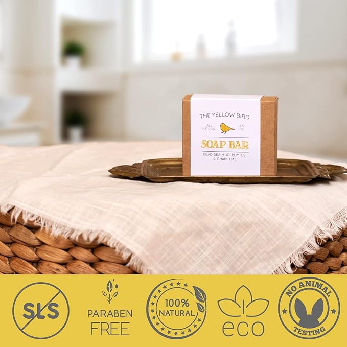 The Yellow Bird Dead Sea Mud Soap Bar - With Exfoliating Pumice Scrub & Detoxifying Charcoal. Organic & Natural Essential Oils. Made in USA for Men and Women. Face, Hand, Body Soap
