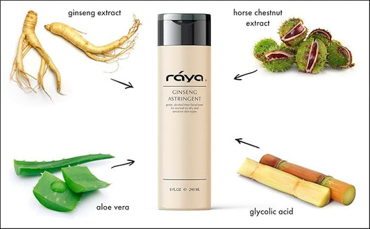 RAYA Ginseng Astringent with AHA 6 oz (G-205) | Gentle Glycolic Facial Toner for Dry and Sensitive Skin | Helps Tighten Pores, Smooth Complexion, and Reduce Fine Lines | Made with Alpha Hydroxy Acids