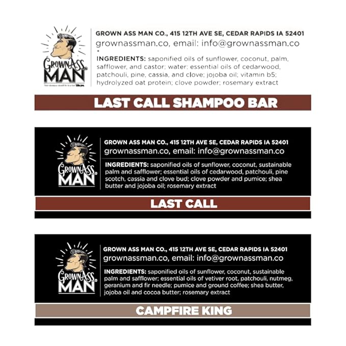 Grown Ass Man Co. Combo Packs - Solid Soap & Shampoo Bars Rich Lather with Natural Oils & Gentle Scrub for Men - Plastic Free & Eco-Friendly, Natural & Organic Deep Clean, 4oz Bars (Woodsman 3-Pack)