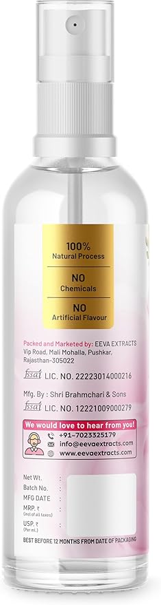 Eeva Extracts - Organic Rose Water I Natural Hydrates,Cleanses & Moisturises for Skin & Face I No Sulphate,Alcohol,&Parabens I pH Balancer I Facial Toner Spray I for Women & Men,100Ml