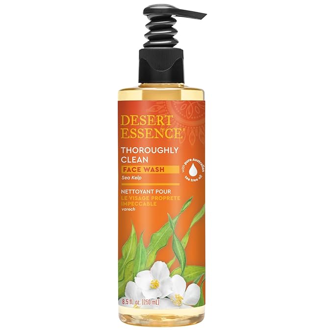 Desert Essence Thoroughly Clean Face Wash with Sea Kelp, Tea Tree Oil, Nourishing Castile Soap, Coconut Oil & More - Gently Remove Dirt & Impurities Without Drying Skin - Vegan, Sulfate Free - 8.5oz