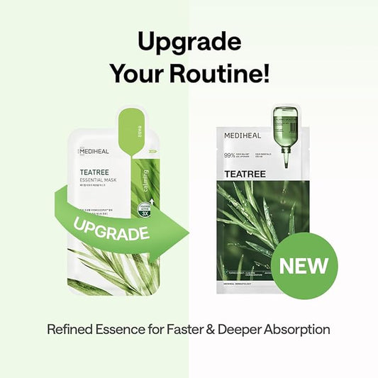 Mediheal Teatree Essential Sheet Mask Calming Moisture 10 pcs. 99% Pure Teatree & Teatree 7X for intensive soothing and hydration. Suitable for acne-prone skin. Vegan formula