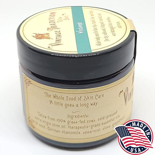Vintage Tradition Beef Tallow All Purpose Balm - Healing, Hydrating Weather-Protecting Skin Care Salve Replaces Body Lotion, Hand Cream, More - Essential Oil, Olive Oil, and Grass-Fed Tallow, 2 fl oz.