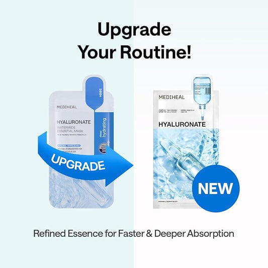 Mediheal Essential Mask (10pcs, Hyaluronate) 98% Pure Hyaluronic Acid for Long-lasting Hydration, Deep Skin Absorption & Moisture Barrier Vegan formula