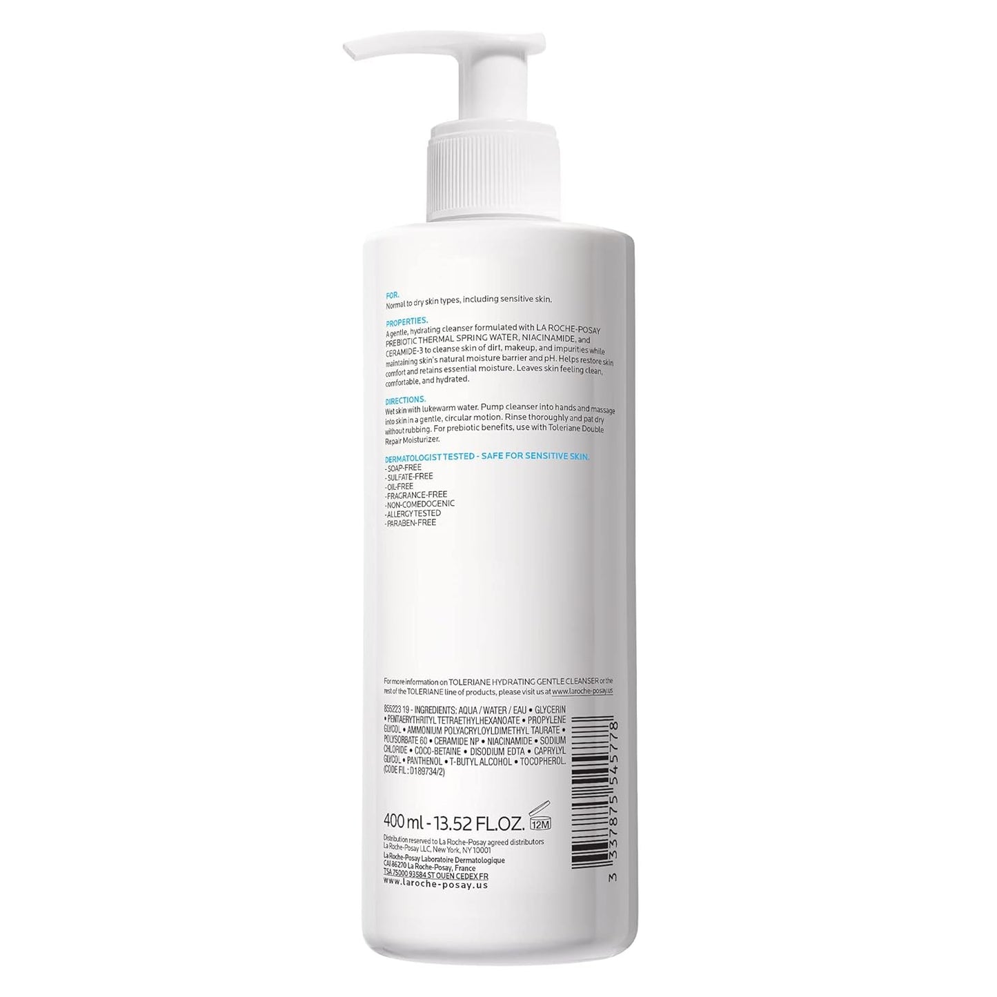 La Roche-Posay Toleriane Hydrating Gentle Face Cleanser โ Daily Cream Cleanser with Niacinamide & Ceramides for Dry to Normal, Sensitive Skin