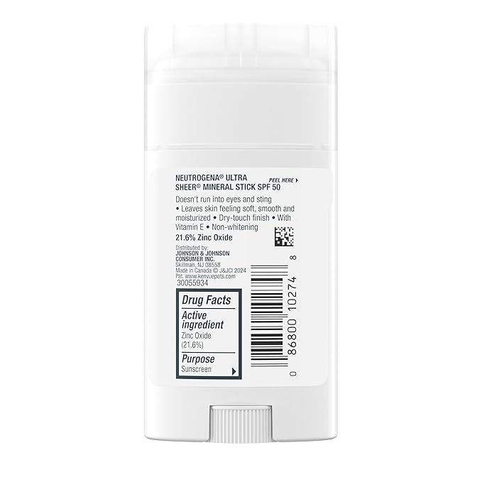 Neutrogena Ultra Sheer Dry Touch SPF 50 Mineral Sunscreen Stick for Sensitive Skin, Zinc Oxide, Body & Face Sunscreen with Vitamin E, No White Residue & Vegan, 1.5 oz