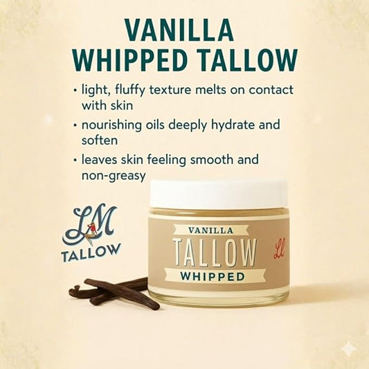 Whipped Tallow 9oz - All Natural Face Cream + Whole Body Moisturizer for Dry Skin - Made With Scented Oil Blend - No Preservatives, Parabens or Seed Oils - USA Made (Vanilla)