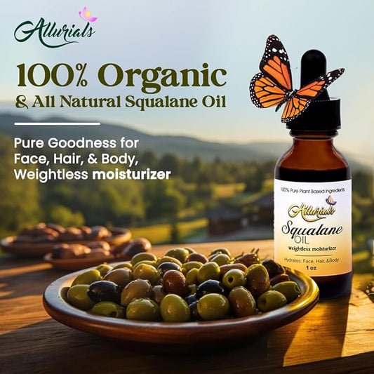 Allurials 100% Organic & All Natural Plant-Based Squalane Oil for Face, Hair, & Body, Cold Pressed and Unrefined Premium Grade Multipurpose Facial Oil for Moisturize, Smooth, and Soften Skin - 1 Oz