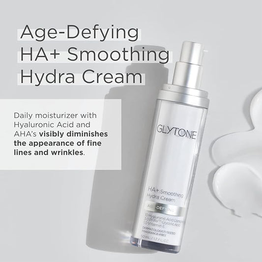 Glytone Age-Defying HA+ Smoothing Hydra Cream | Anti Aging Face Moisturizer for Fine Lines & Wrinkles | Firms & Hydrates with 10 Hyaluronic Acid, 3.0 PFAV™ Glycolic Acid & 1.0 Vitamin E | 1.7 fl oz