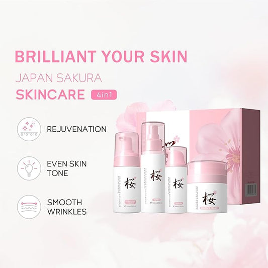 Sakura Skin Care Sets for Women & Teens, Brilliant Skin Rejuvenating Set, Cherry Blossom Skincare Kits with Cleanser, Toner, Serum, Cream, Hydrating Travel Size Facial Kit Hydrating Gifts Sets (4PCS)