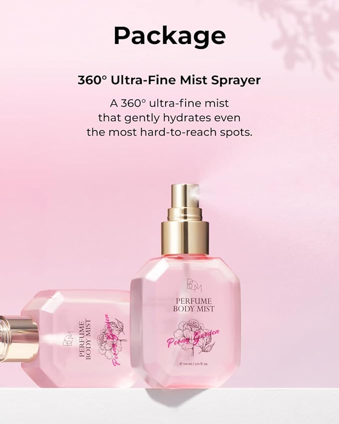 BOM Peony Garden Perfume Body Mist 3.71 Fl Oz, Floral Scented Fine Mist with Hyaluronic Acid, Niacinamide & Vitamin C, Hydrating, Lightweight Spray with Long-Lasting Fragrance, Korean Skincare