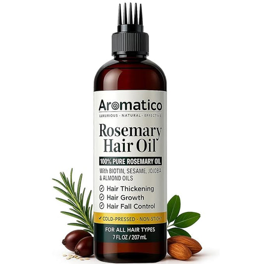 100% Pure Rosemary Oil for Hair Growth, Hair-fall Control & Hair Thickening. Enriched with Sesame, Jojoba & Almond Oils. Non-Sticky Texture. With Applicator Cap - 7 Fl Oz