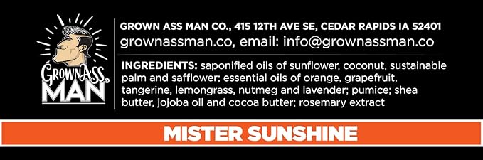 Grown Ass Man Co. Exfoliating Body Bars - Solid Soap with Natural Oils & Gentle Scrub - Plastic Free & Eco-Friendly, Natural & Organic for All Skin, 4oz Bar - Mister Sunshine - Mild Exfoliant, 6-Pack